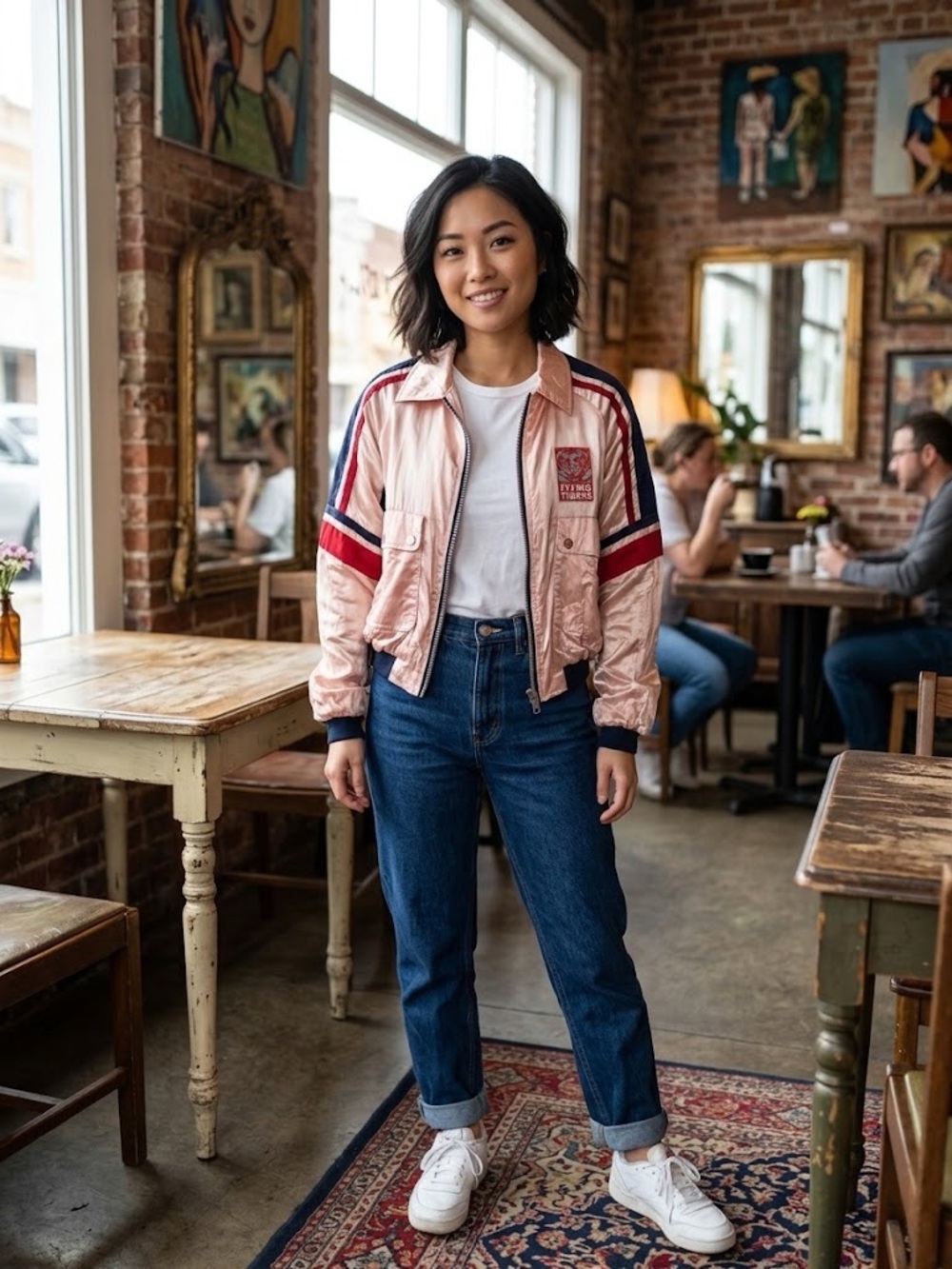 Women's Pink Satin Stripe-Trim “Flying Tigers” Bomber Jacket